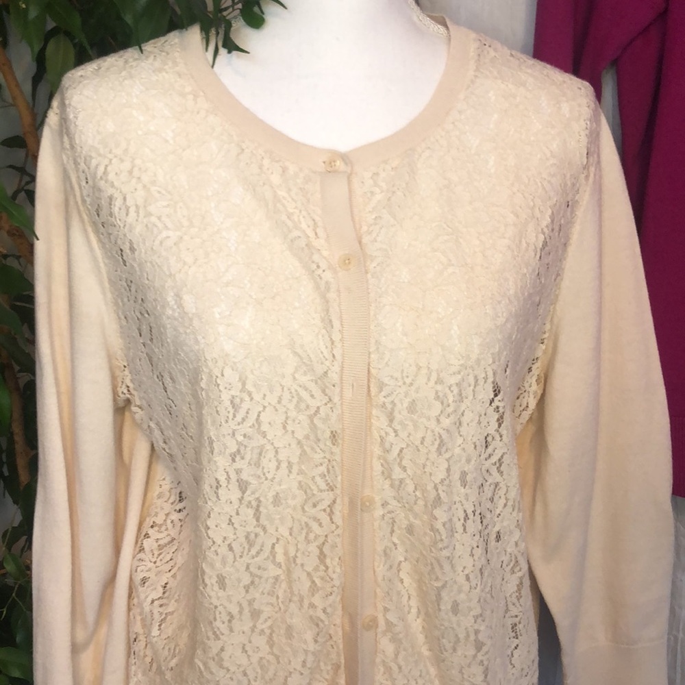LOFT lot 3 size XL work career wear sweaters beige w/lace blue & pink cardigans - Picture 3 of 15